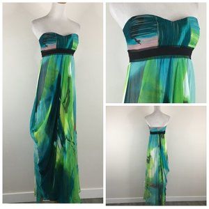 BCBGMAXAZRIA Multi-Color Print Front Overlay Silk Blend Sleeveless Gown Dress